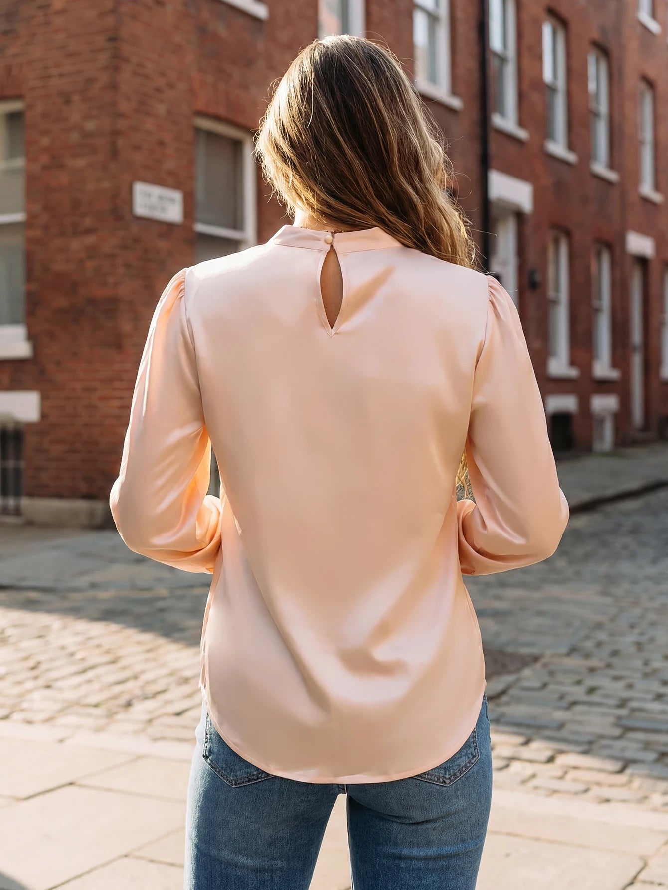 Plus Size Blush Pink Satin Blouse Women High Neck Pleated Long Sleeve Elegant Office Work Shirt