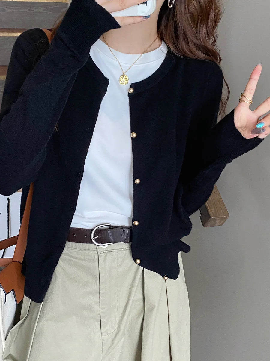 Knitted Women Cardigans New Long Sleeve O-Neck Black Knit Cardigan Women Tops Knitwears Sueters De Mujer Q1054