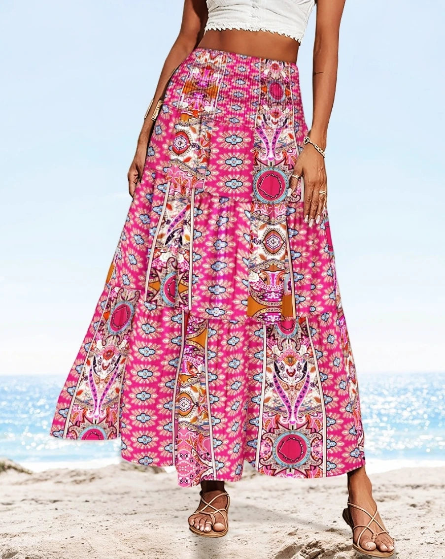 Smocked Tiered Boho Floral Maxi Skirt