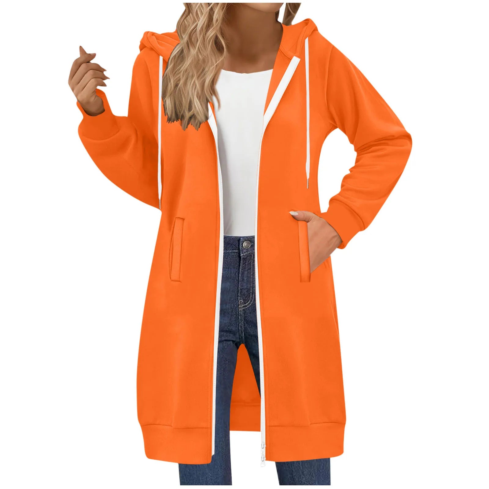 Women's Clothing Long Sweatshirt Casual Versatile Drawstring Long Sleeve Hooded Jacket with Pockets