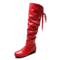 Knee High Boots Red Black White Tall Boots Woman Pleated Low Heel Casual Leather Female Long Shoes 2024