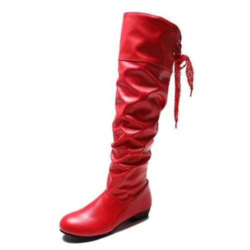 Knee High Boots Red Black White Tall Boots Woman Pleated Low Heel Casual Leather Female Long Shoes 2024