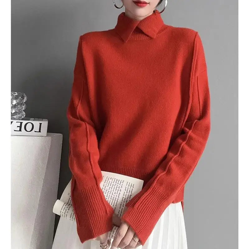 2025 Autumn Women Warm Shirt Turn-down Collar Solid Knit Pullover Winter Elegant All-match Long Sleeve Sweater Lady Elegant Tops