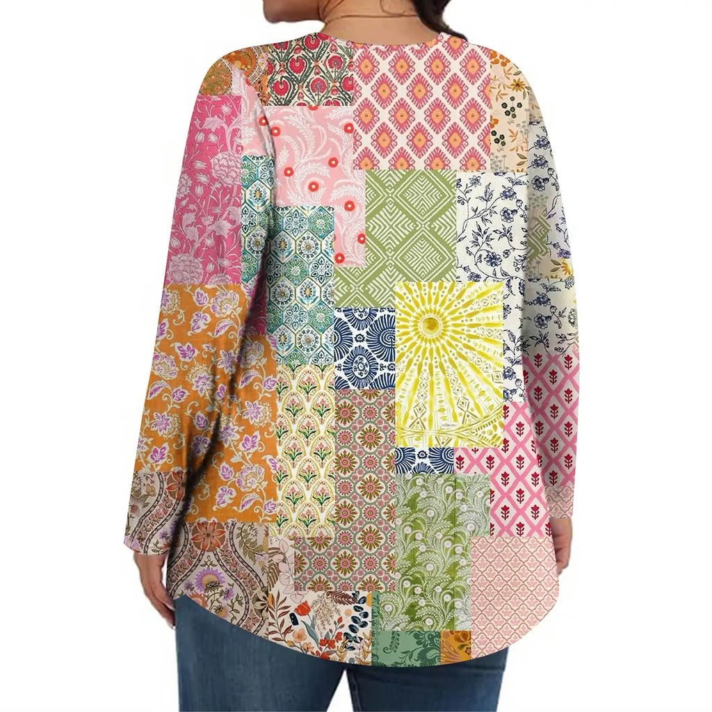 Plus Size Long Sleeve Top for Women Fashion Retro Floral Print Pleated Round Neck T-shirt Female Casual Autumn Base Shirt