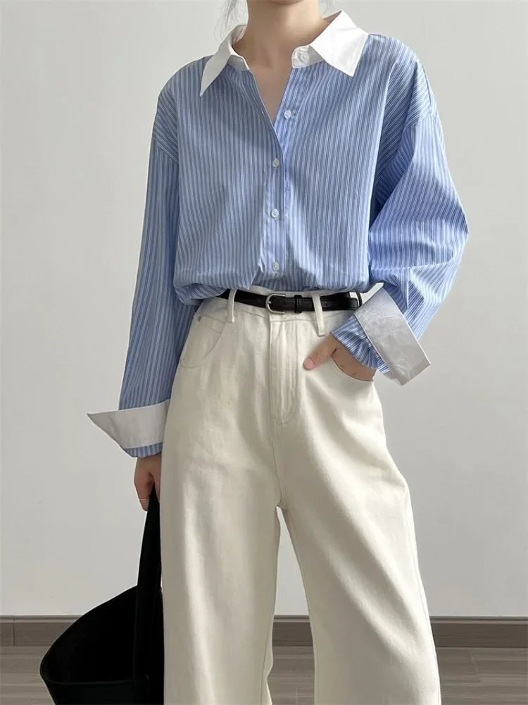 French Blue & White Striped Shirt for Women Spring New Loose Elegant Blouse Fashion Temperament Versatile Women's Shirt