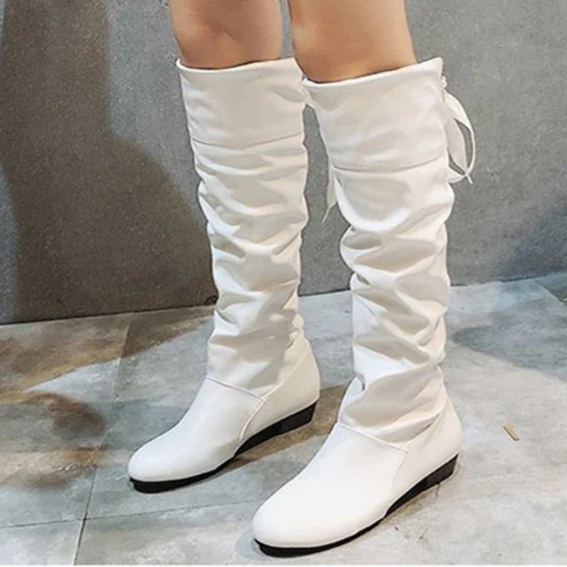 Knee High Boots Red Black White Tall Boots Woman Pleated Low Heel Casual Leather Female Long Shoes 2024