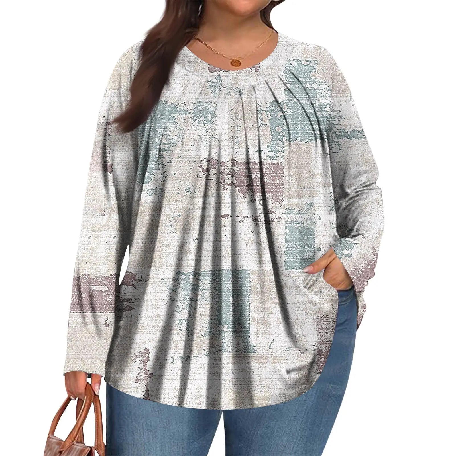 Plus Size Long Sleeve Top for Women Fashion Retro Floral Print Pleated Round Neck T-shirt Female Casual Autumn Base Shirt