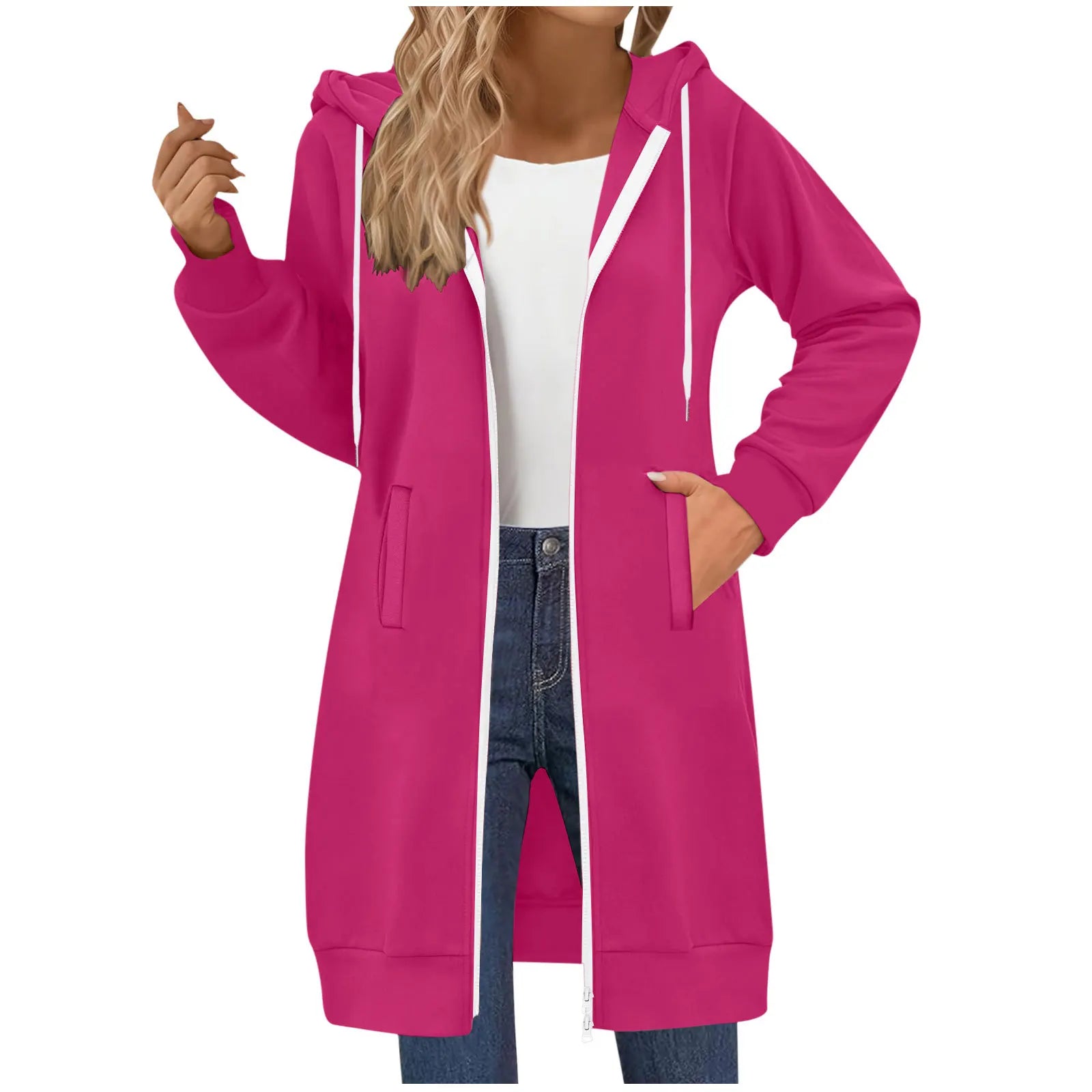 Women's Clothing Long Sweatshirt Casual Versatile Drawstring Long Sleeve Hooded Jacket with Pockets