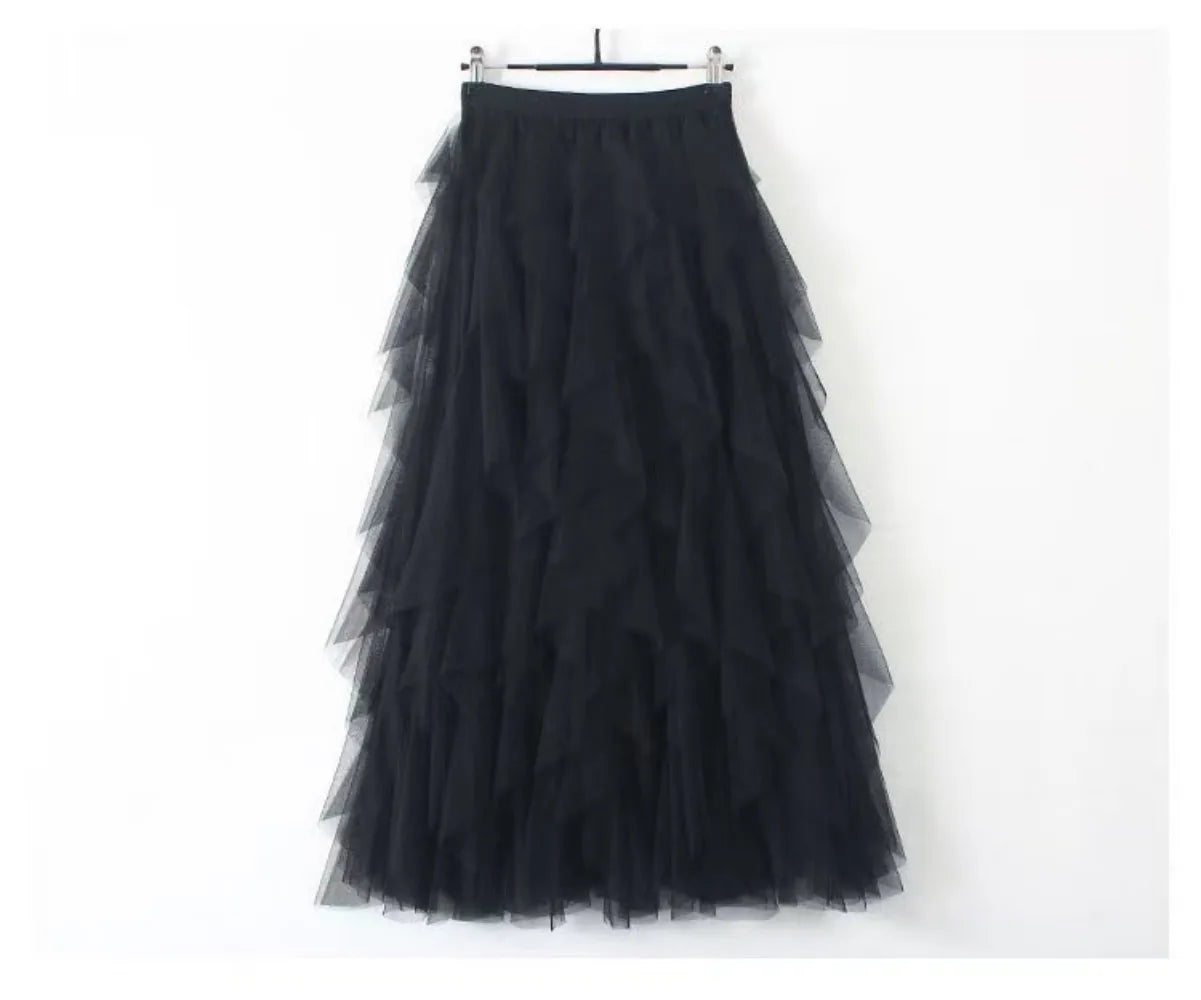 2025 New Fashion Tutu Tulle Skirt Women Long Maxi Skirt Spring Summer Korean Black Pink High Waist Pleated Skirt Female One Size
