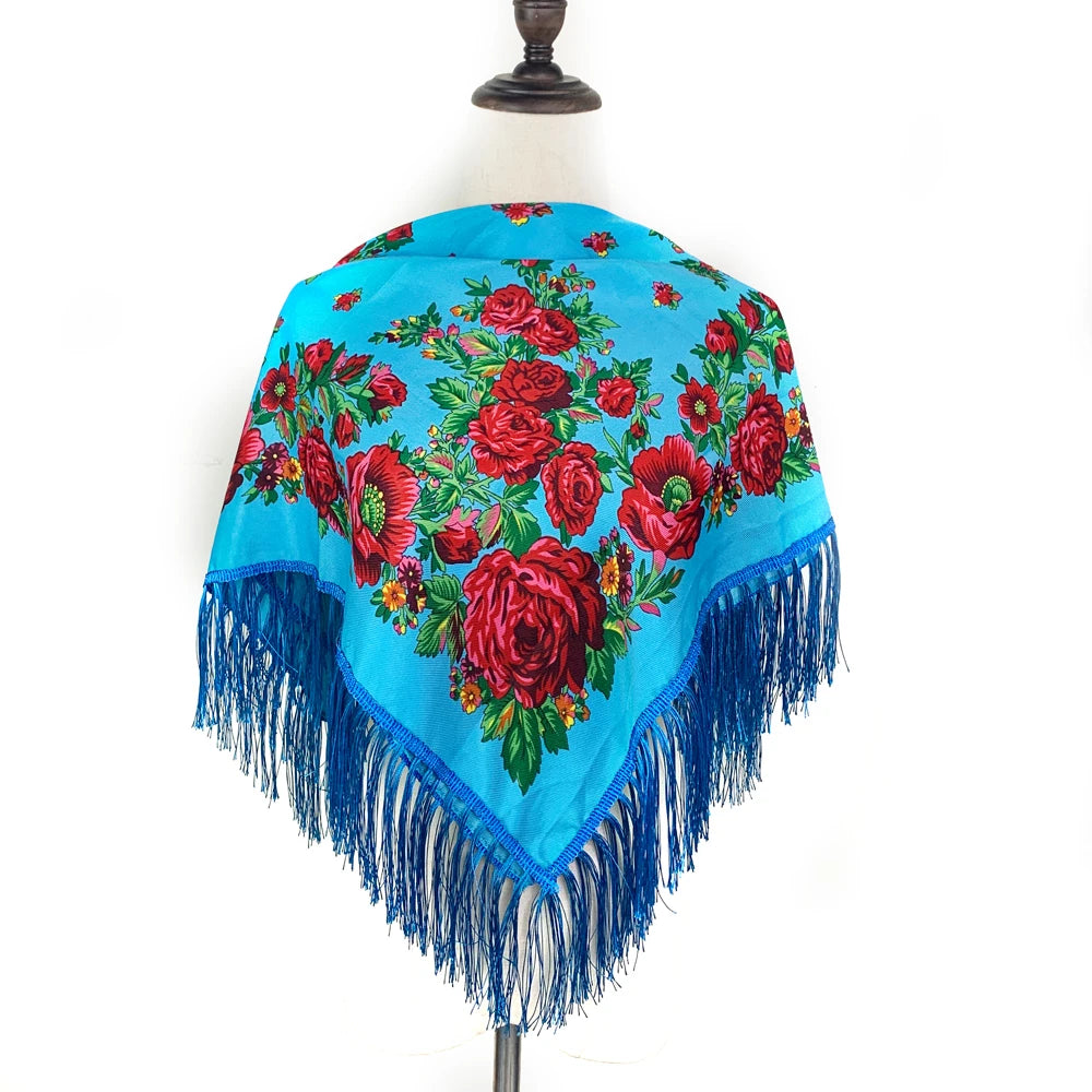 Russian Square Scarf Women Luxury Floral Print Fringed Bandana Scarves Pareo Lady Headband Scarves Babushka Head Wraps