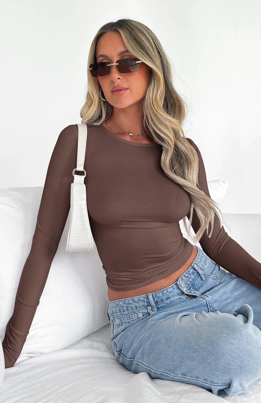 Long Sleeve U Neck Crop Top Women Sexy  Female Slim Tight Tee Casual Summer Tee Clothes Streetwear Brown women clothing