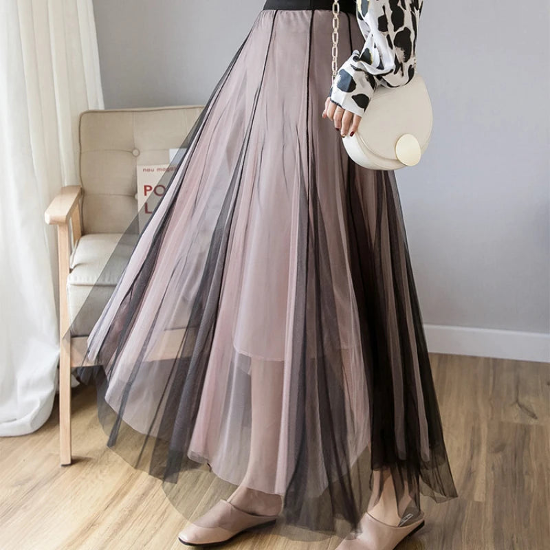 Vintage 100cm Long Tulle Maxi Skirt for Women Korean Style High Waist Elastic Mesh Pleated Tutu Skirt Female Jupe Longue