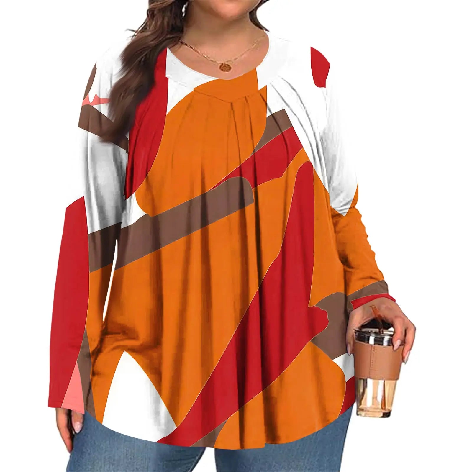 Plus Size Long Sleeve Top for Women Fashion Retro Floral Print Pleated Round Neck T-shirt Female Casual Autumn Base Shirt