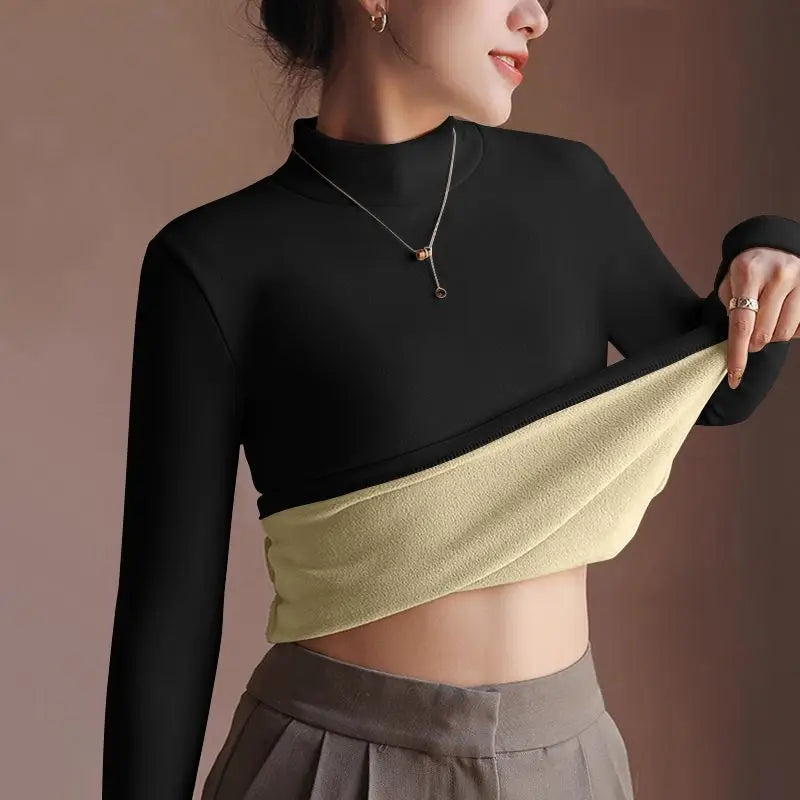 Women's Sweater Autumn Winter Retro with Velvet Lining Thickened Inner Wear Thermal Clothes Long-sleeved T-shirt Bottoming Shirt