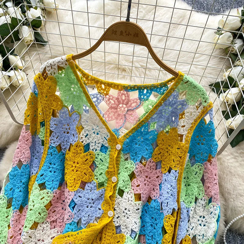 Hollow Out Bohemian Cardigans Women V neck Long Sleeve Colorful Floral Top Fashion Vintage Vacation Beach Loose Blouse