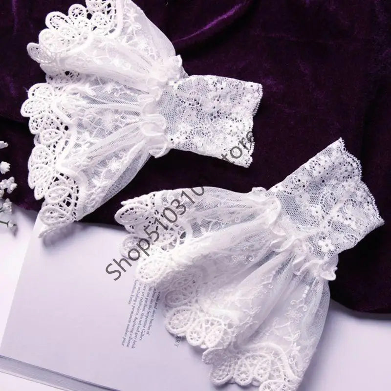 Female Fake Sleeves Hollow Out Crochet Floral Lace Horn Cuffs Embroidery Flounces Ruffles Elastic Wrist Warmers