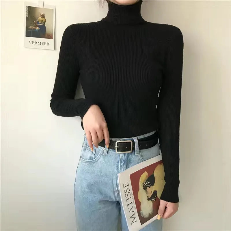 Women Heaps Collar Turtleneck Sweaters Autumn Winter Slim Pullover Women Basic Tops Casual Soft Knit Sweater Soft Warm Jumper