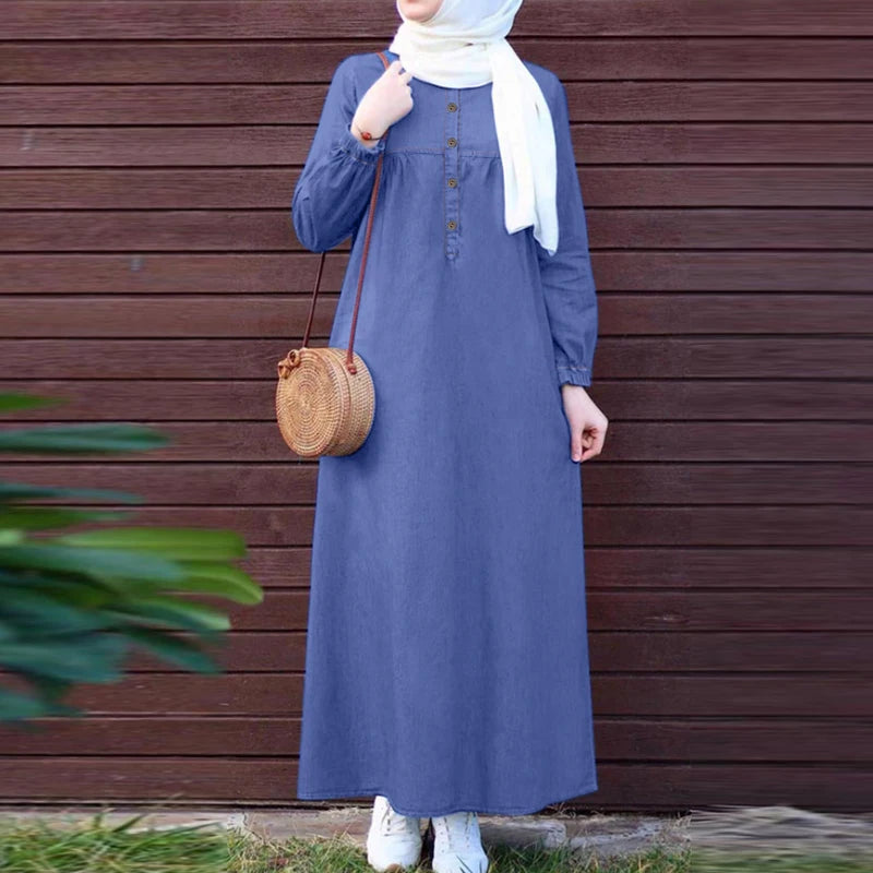 ZANZEA Denim Blue Muslim Hijab Abaya Robes Autumn 2024 Long Sleeve Loose Casual Islamic Maxi Dress Solid Women Kaftan Dresses