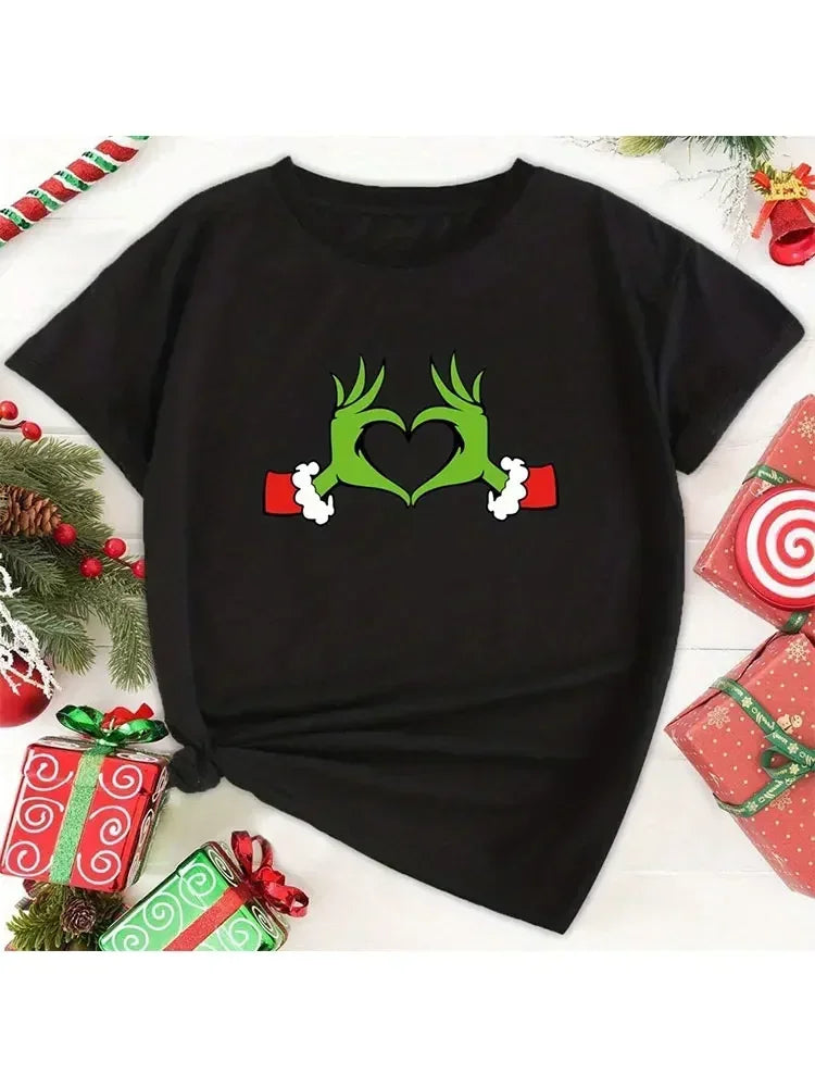 Christmas Casual T-shirt Women Plus Heart & Monster Print Short Sleeve Round Neck Top Fashion Christmas women
