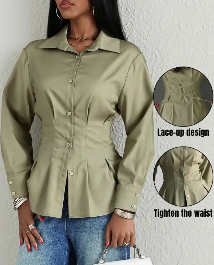 Women Shirt 2025 Spring New Turn-Down Collar Long Sleeve Button Front Blouse Casual Back Criss Cross Tied Detail Fishtail Shirt