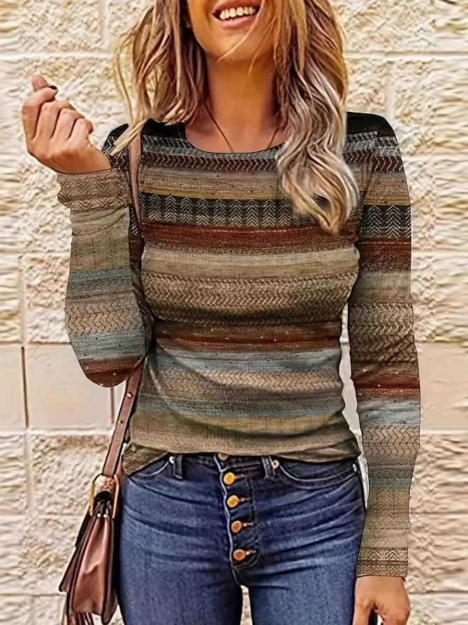 Women's Plus Size Casual Printed Round Neck Long Sleeve T-Shirt, Comfortable Fit, Women's Top