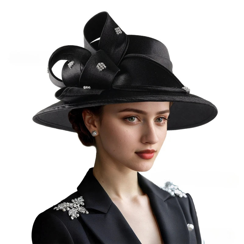 Elegant Cloth Top Hats For Women Cocktail Tea Party Derby Cap Ladies Flower Wide Brim Church Fedora Black Cloche Hats
