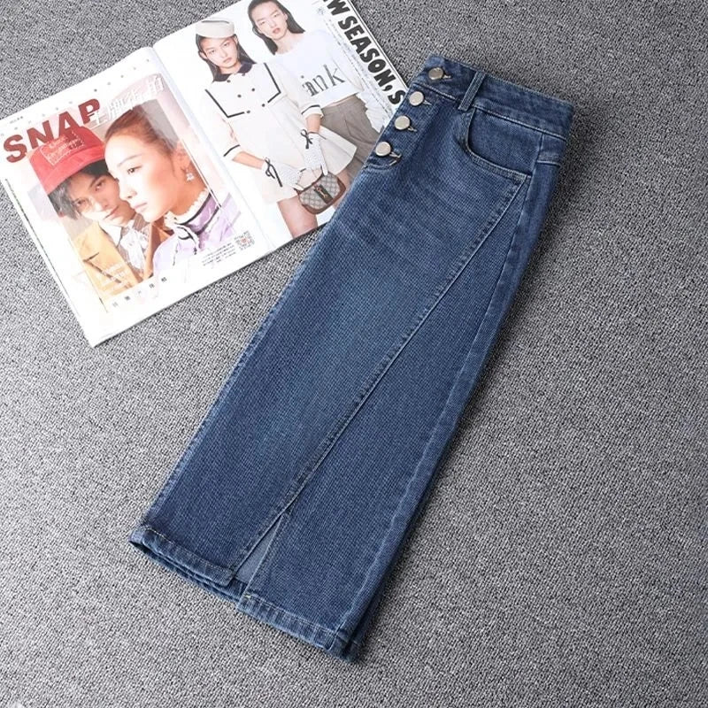 Denim Skirt Women's 2025 Spring/Summer New Slim High Waist Split One Step A-line Wrap Hip Skirts Female Casual Clothing