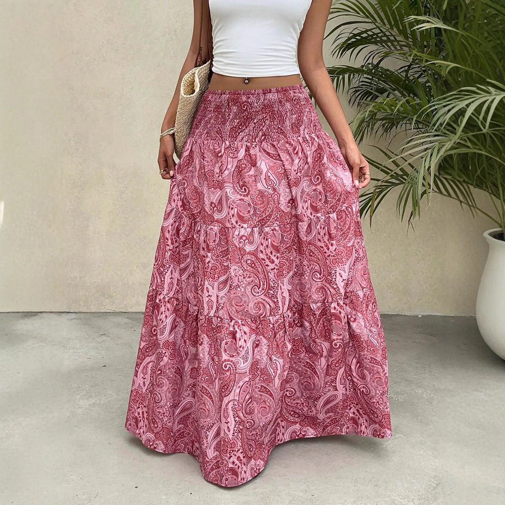Bohemian Print Elastic Waist A-Line Midi Skirt