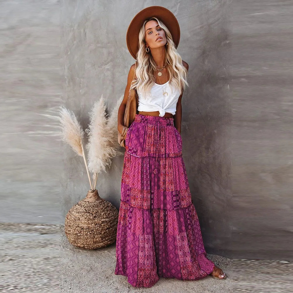 Floral Pocket Belted Pleated Maxi Skirt