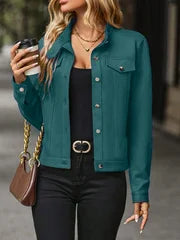 Plus-Size Women's Solid Color Elegant Long-Sleeve Button-Up Jacket - Soft Stretch Faux Suede Fabric, Stand-Up Collar with Chest Pockets