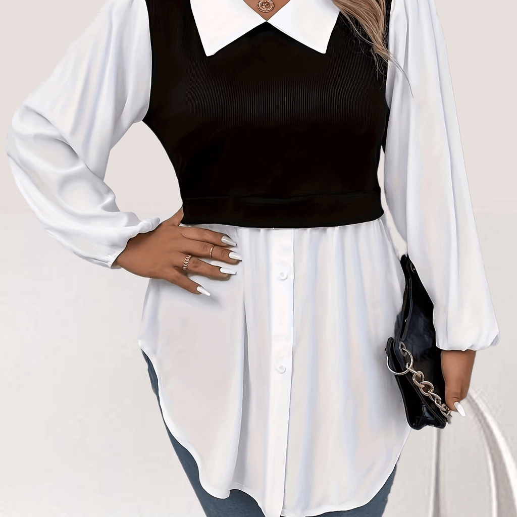 Plus Size Colorblock Polo Collar Blouse, Casual Long Sleeve Blouse For Spring & Fall, Women's Plus Size Clothing