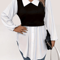 Plus Size Colorblock Polo Collar Blouse, Casual Long Sleeve Blouse For Spring & Fall, Women's Plus Size Clothing