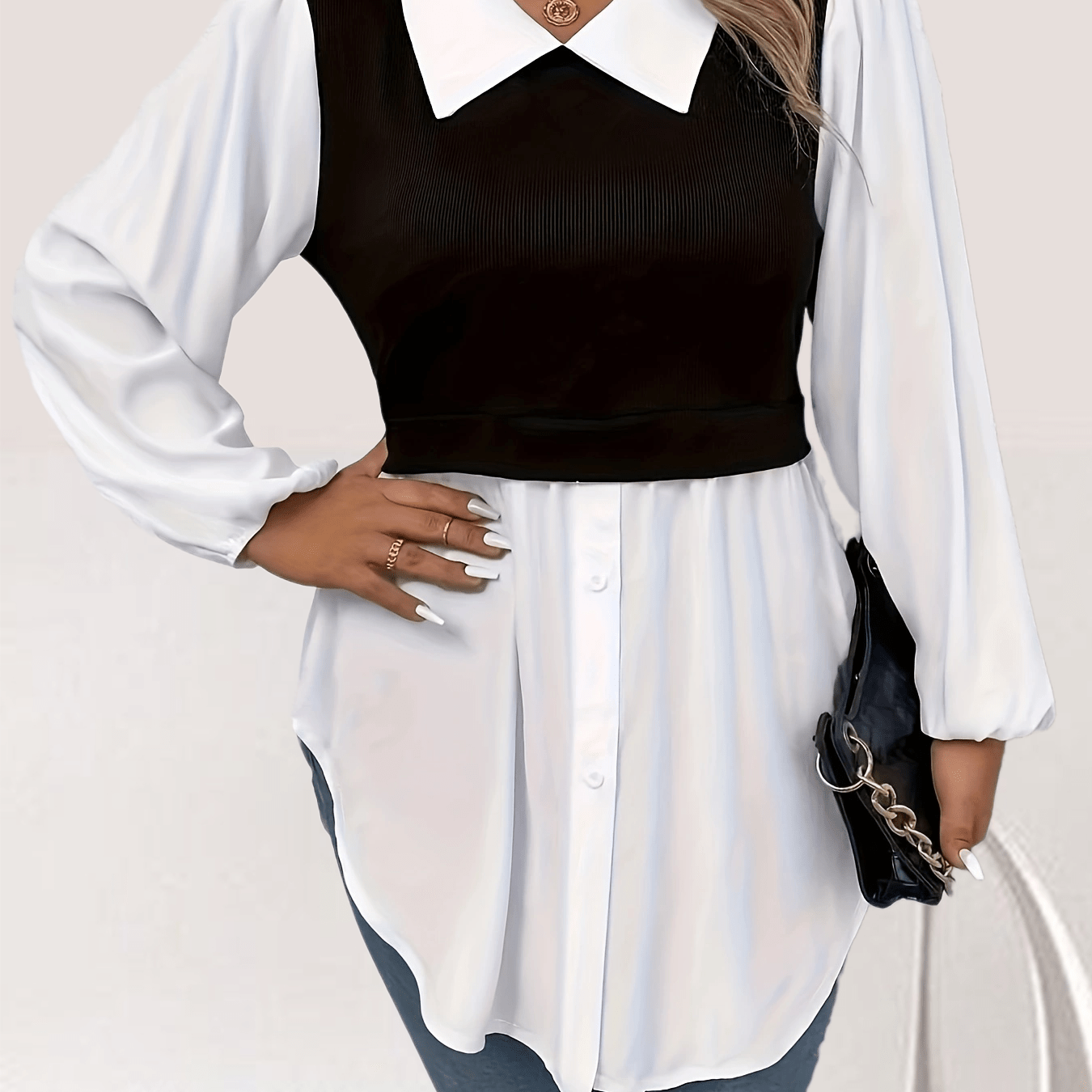 Plus Size Colorblock Polo Collar Blouse, Casual Long Sleeve Blouse For Spring & Fall, Women's Plus Size Clothing