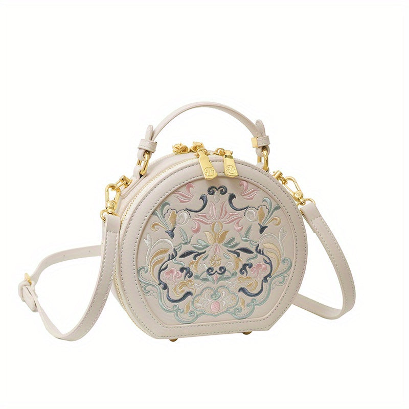 Elegant Floral Embroidered Crossbody Bag - Chic Faux Leather Shoulder Purse with Golden-Tone Hardware, Zip Closure, and Polyester Lining - Handwash/Dry Clean, Multicolor