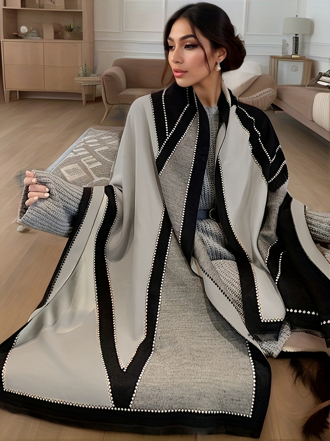 Plus Size Colorblock Striped Shawl Coat, Casual Open Front Cover Up Scarf Outwear, Women's Plus Size Clothing