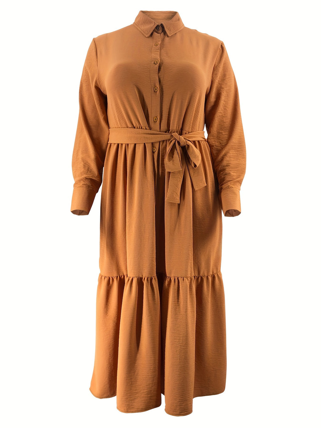 Elegant Solid Color Maxi Dress with Collar and Tie Waist - Button Detail, Non-Stretch Polyester Blend, Machine Washable - Perfect for All Seasons