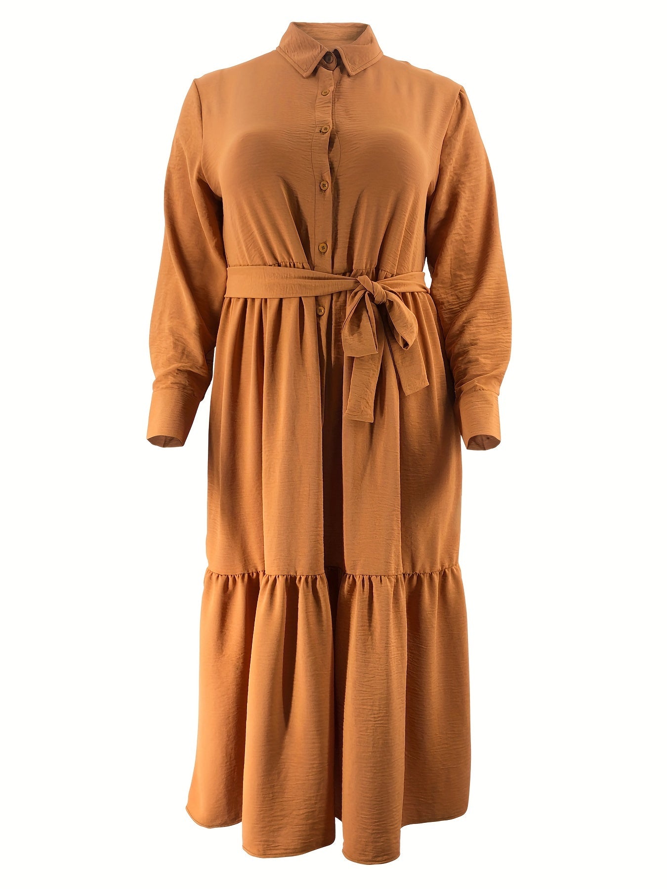 Elegant Solid Color Maxi Dress with Collar and Tie Waist - Button Detail, Non-Stretch Polyester Blend, Machine Washable - Perfect for All Seasons