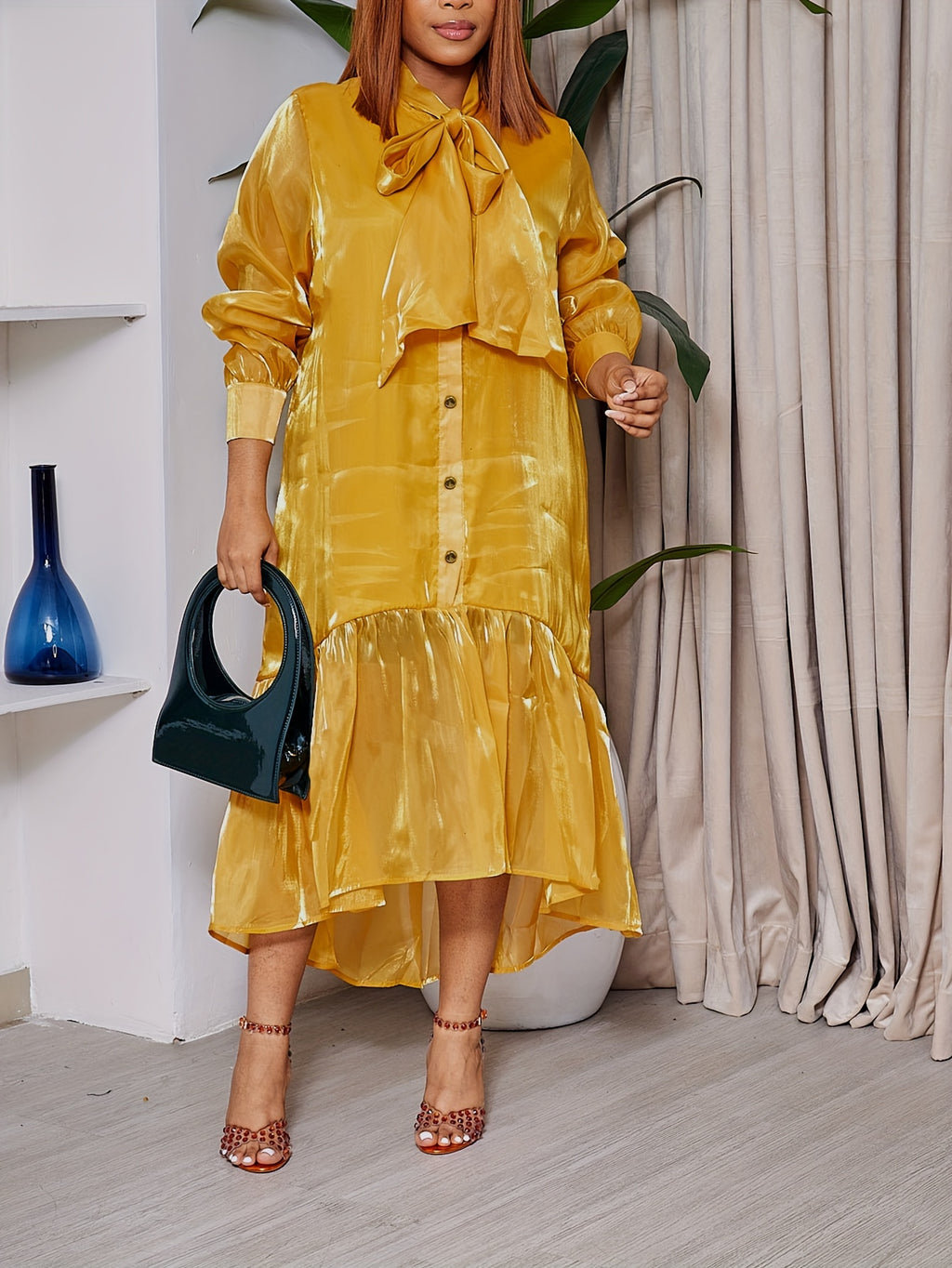 Plus Size Solid Color Dress, Casual Long Sleeve Tie Neck Button Front Ruffle Hem Dress For Spring & Summer, Women's Plus Size Clothing
