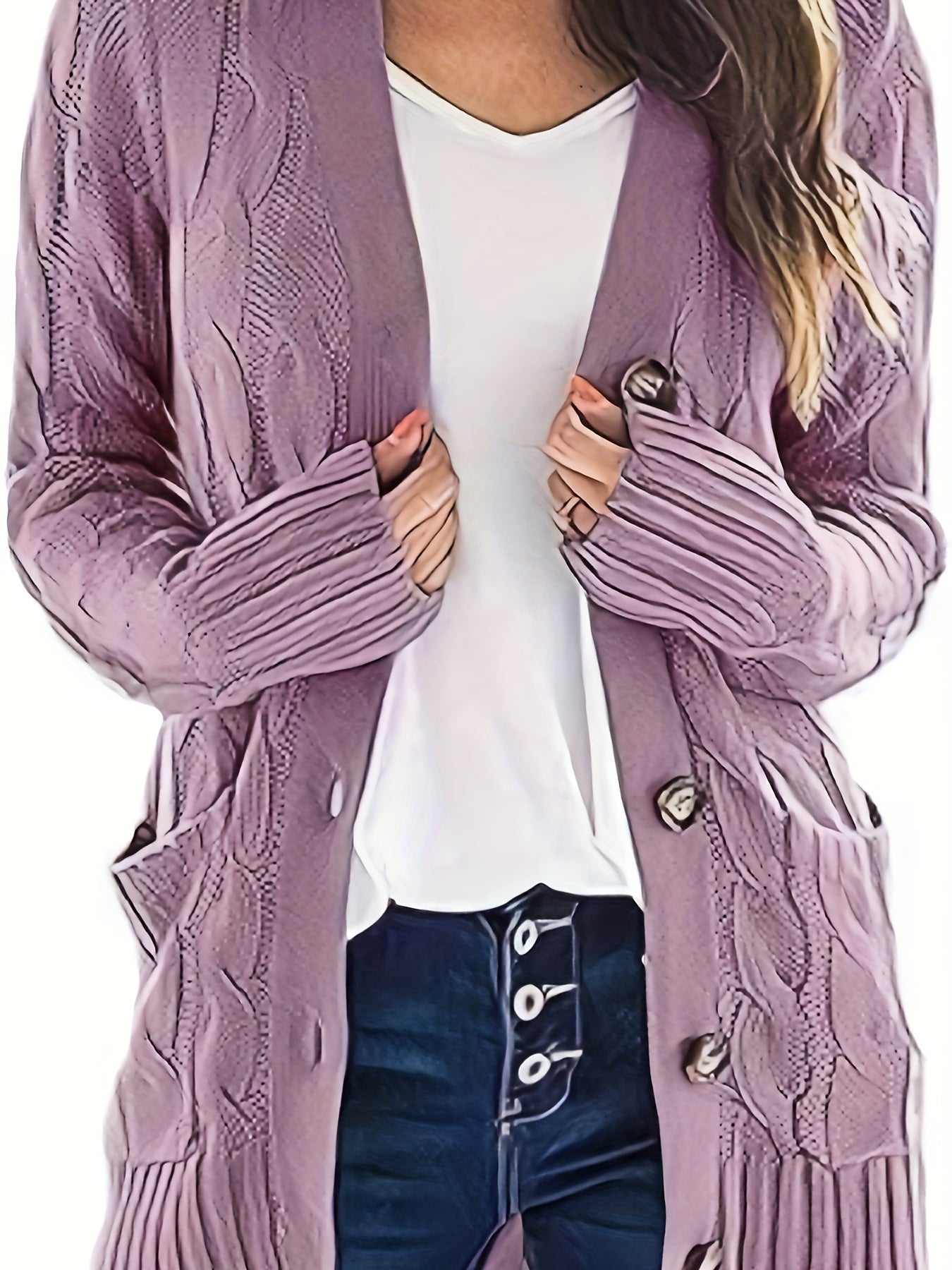 Plus Size Side Pockets Button Front Cardigans, Casual V Neck Solid Color Long Sleeve Cable Knit Cardigans Top For Winter & Fall, Women's Plus Size Clothing