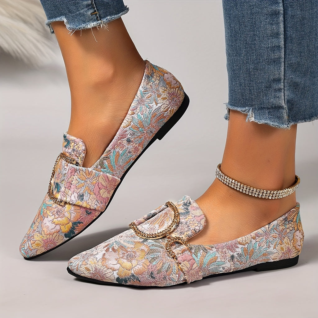 Light Blue & White Floral Design Women's Floral Embroidered Pointed-Toe Flats with Rhinestone Buckle - Soft Non-Slip Comfortable Casual Shoes, All-Season Versatile Slip-On Flats for Casual Attire, Ladies Shoes, Stylish Slipon
