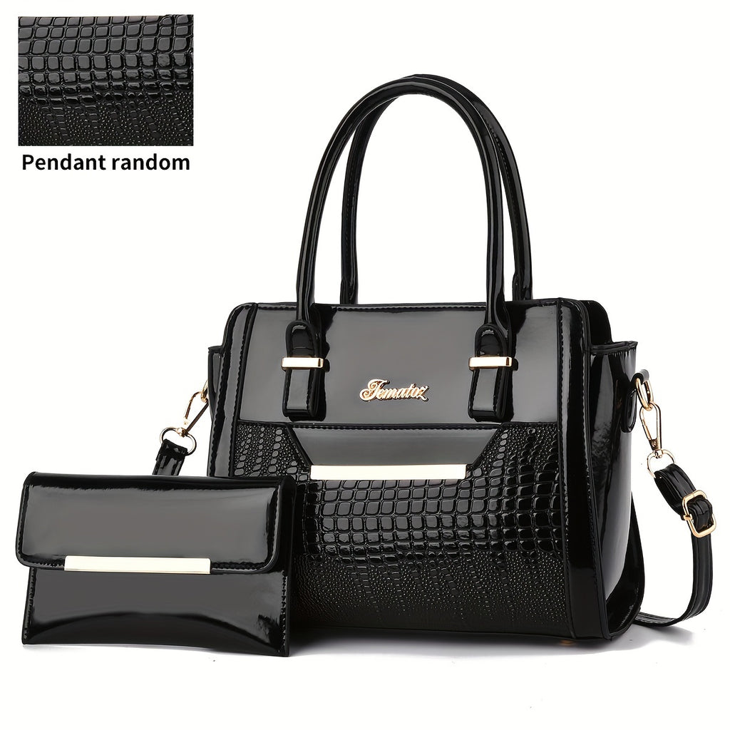 Classic Solid Color Crocodile Pattern Handbag with Clutch Purse, Textured Bags for Wo