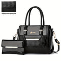 Classic Solid Color Crocodile Pattern Handbag with Clutch Purse, Textured Bags for Wo