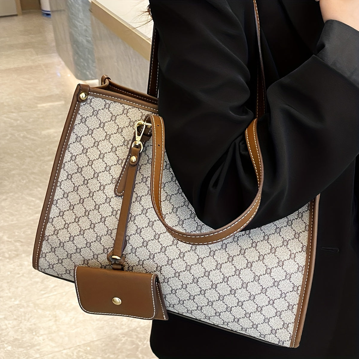 Trendy Colorblock Tote Bag, Retro Large Capacity Square Shoulder Bag With Hanging Mini Purse For Women