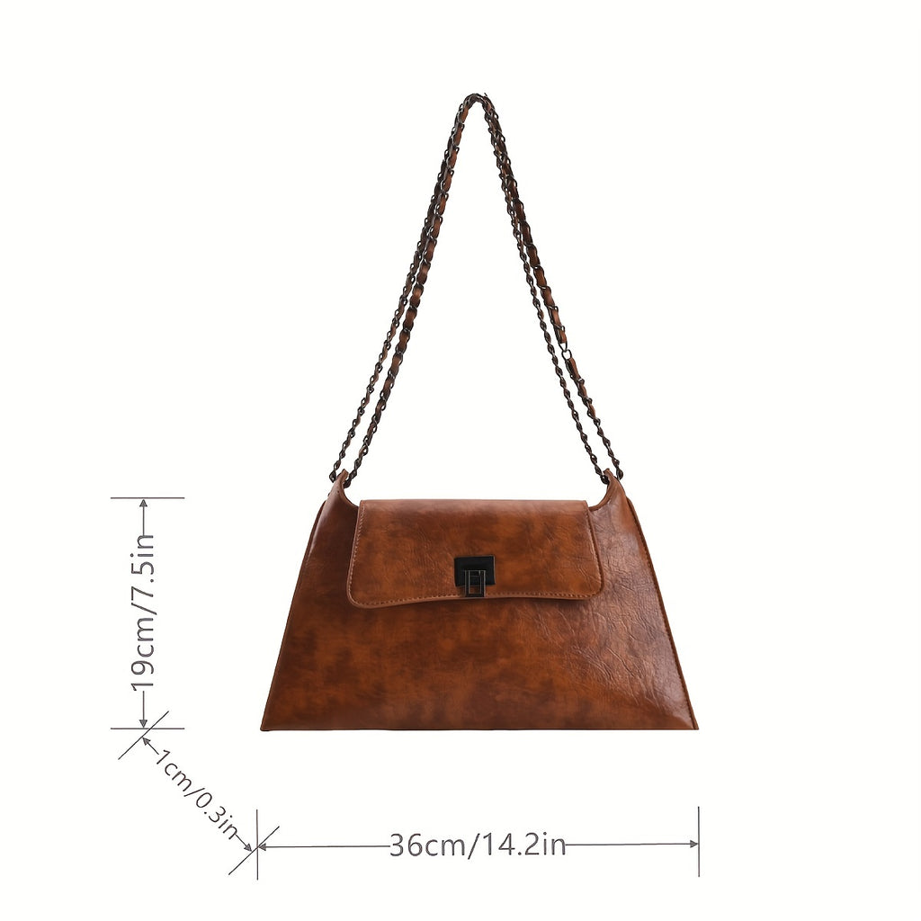 Vintage Glam Metal Chain Baguette Bag - Chic Underarm Purse with Premium Faux Leather Texture and Timeless Chain Strap - Versatile Fashion Accessory