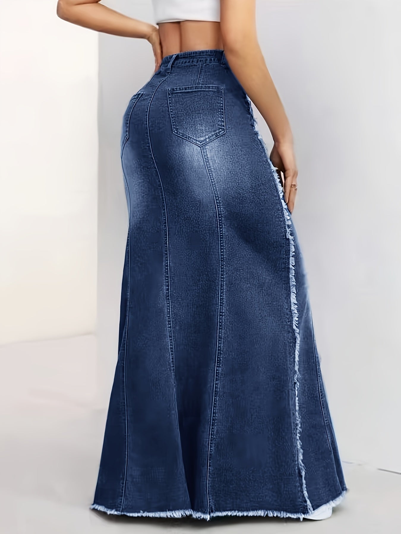 Raw Hem Washed Blue Stylish Stretchy Maxi Trumpet Denim Skirt, Women's Denim Jeans & Clothing
