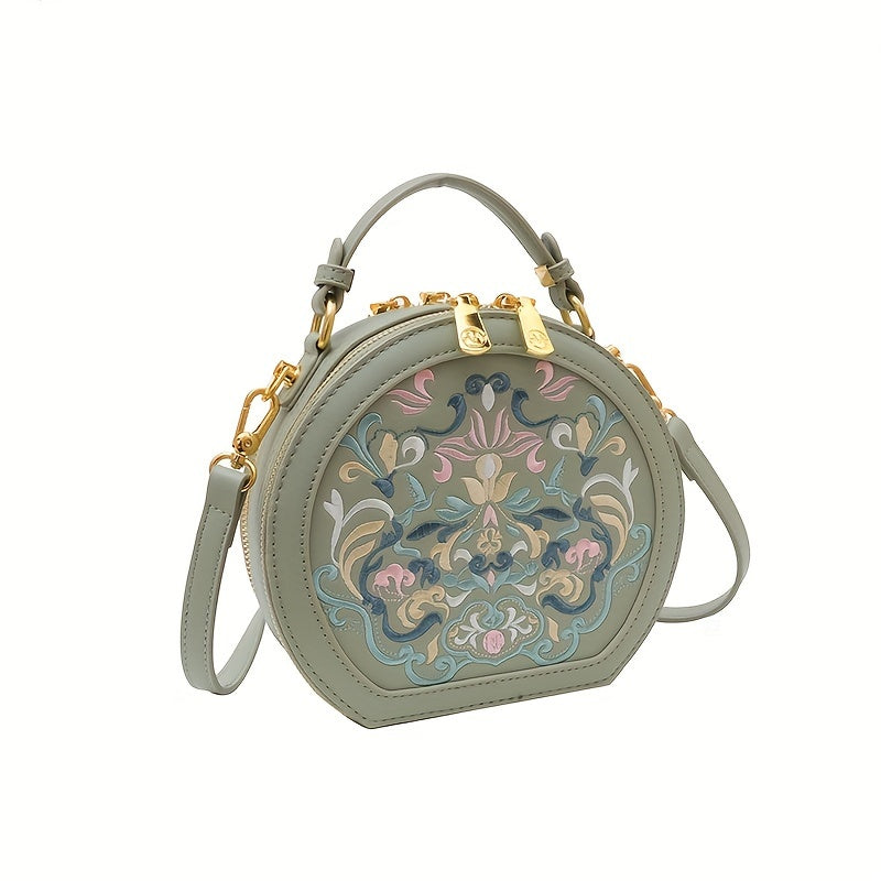 Elegant Floral Embroidered Crossbody Bag - Chic Faux Leather Shoulder Purse with Golden-Tone Hardware, Zip Closure, and Polyester Lining - Handwash/Dry Clean, Multicolor
