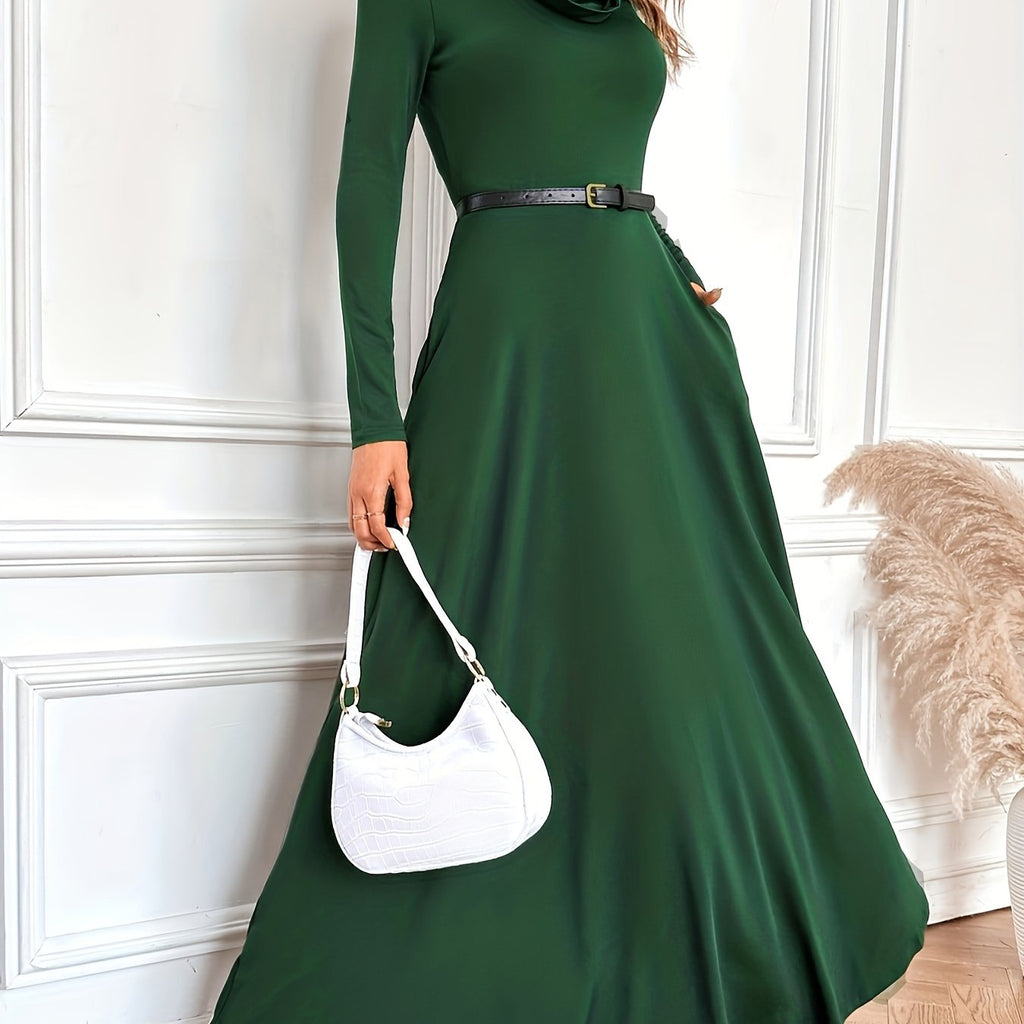 Elegant Solid Color Long Sleeve Maxi Dress with Pockets - Cowl Neck, Stretch Fabric, Machine Washable - Perfect for Spring & Fall, Directional Style, Slim Fit