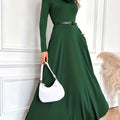 Elegant Solid Color Long Sleeve Maxi Dress with Pockets - Cowl Neck, Stretch Fabric, Machine Washable - Perfect for Spring & Fall, Directional Style, Slim Fit