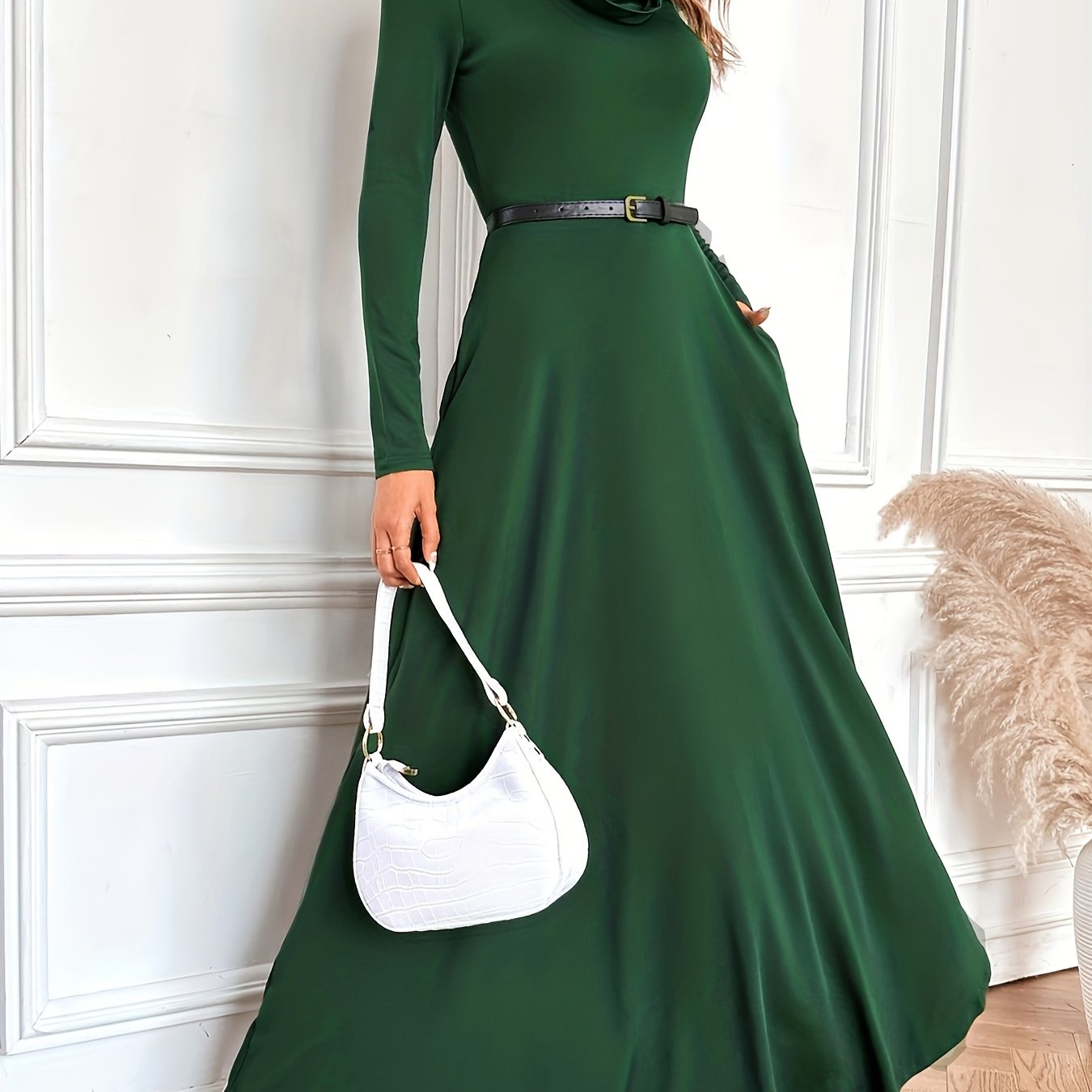 Elegant Solid Color Long Sleeve Maxi Dress with Pockets - Cowl Neck, Stretch Fabric, Machine Washable - Perfect for Spring & Fall, Directional Style, Slim Fit