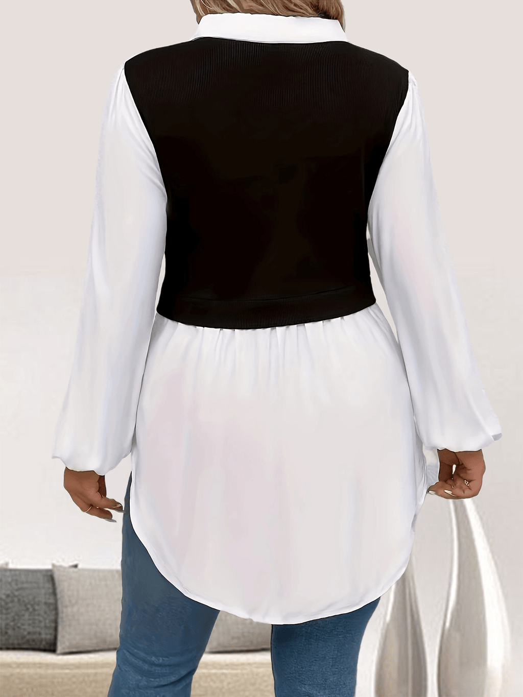 Plus Size Colorblock Polo Collar Blouse, Casual Long Sleeve Blouse For Spring & Fall, Women's Plus Size Clothing